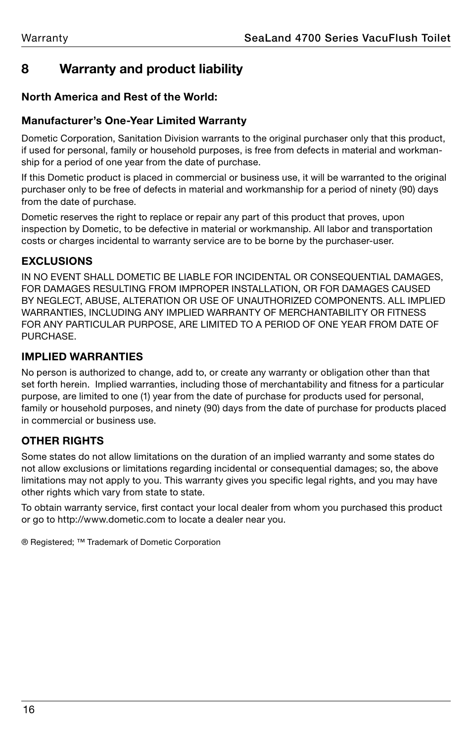 Warranty and product liability, 8warranty and product liability | SeaLand 4700 Series VacuFlush Operation Manual User Manual | Page 16 / 20