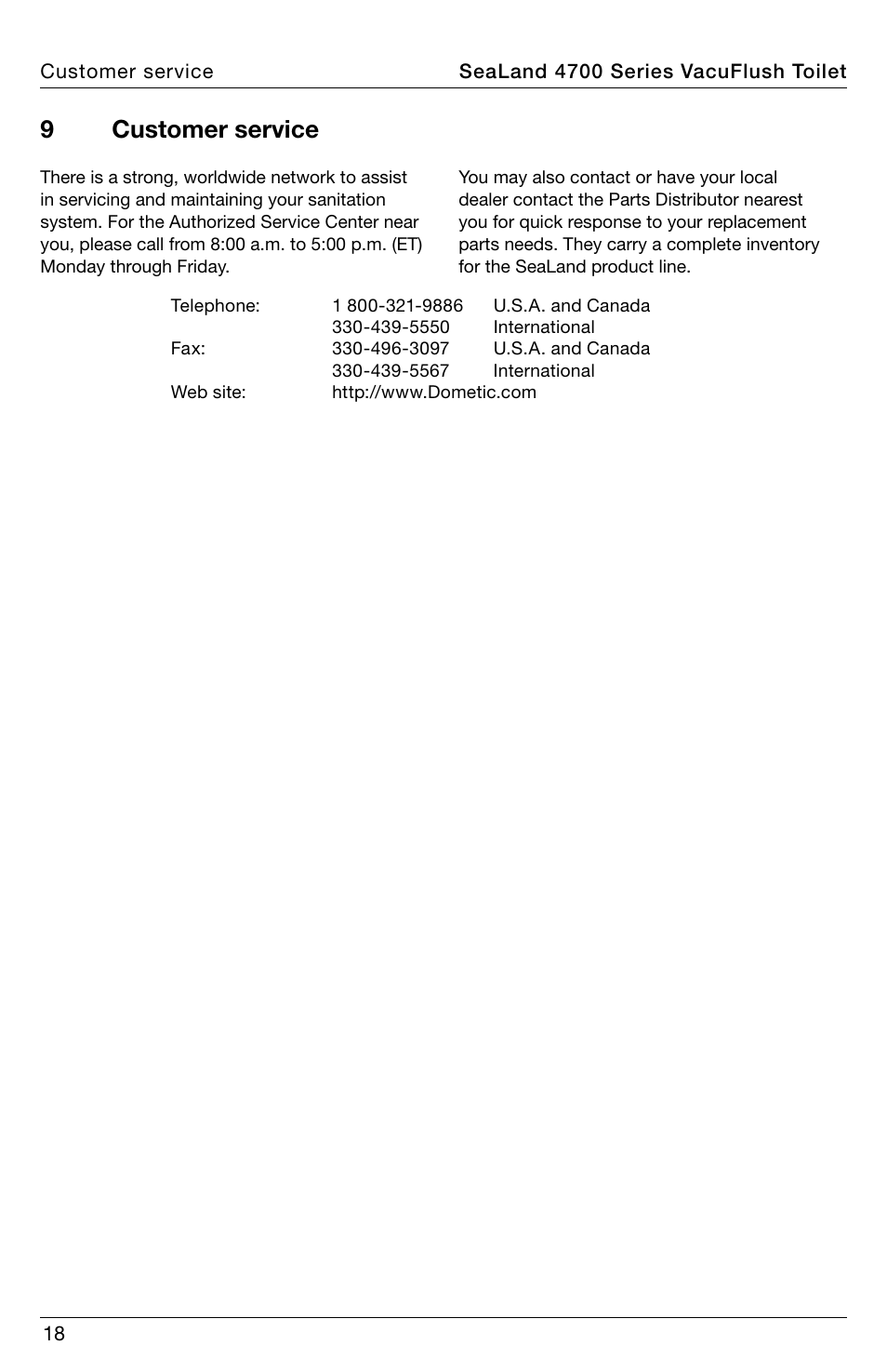 Customer service, 9customer service | SeaLand 4700 Series VacuFlush Operation Manual User Manual | Page 18 / 20