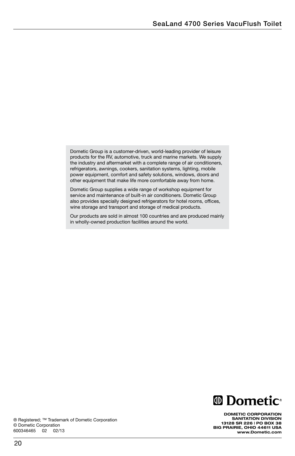 Sealand 4700 series vacuflush toilet | SeaLand 4700 Series VacuFlush Operation Manual User Manual | Page 20 / 20