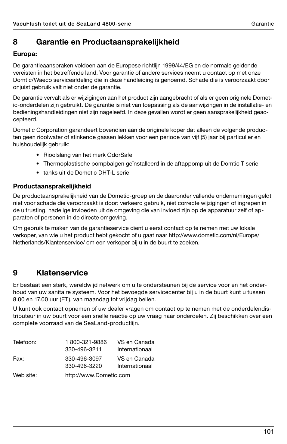 8garantie en productaansprakelijkheid, 9klatenservice | SeaLand 4800 Series VacuFlush User Manual | Page 101 / 116