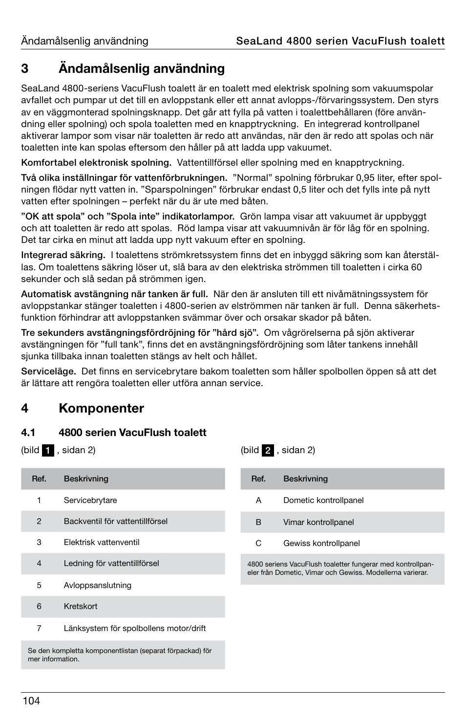 3ändamålsenlig användning, 4komponenter | SeaLand 4800 Series VacuFlush User Manual | Page 104 / 116