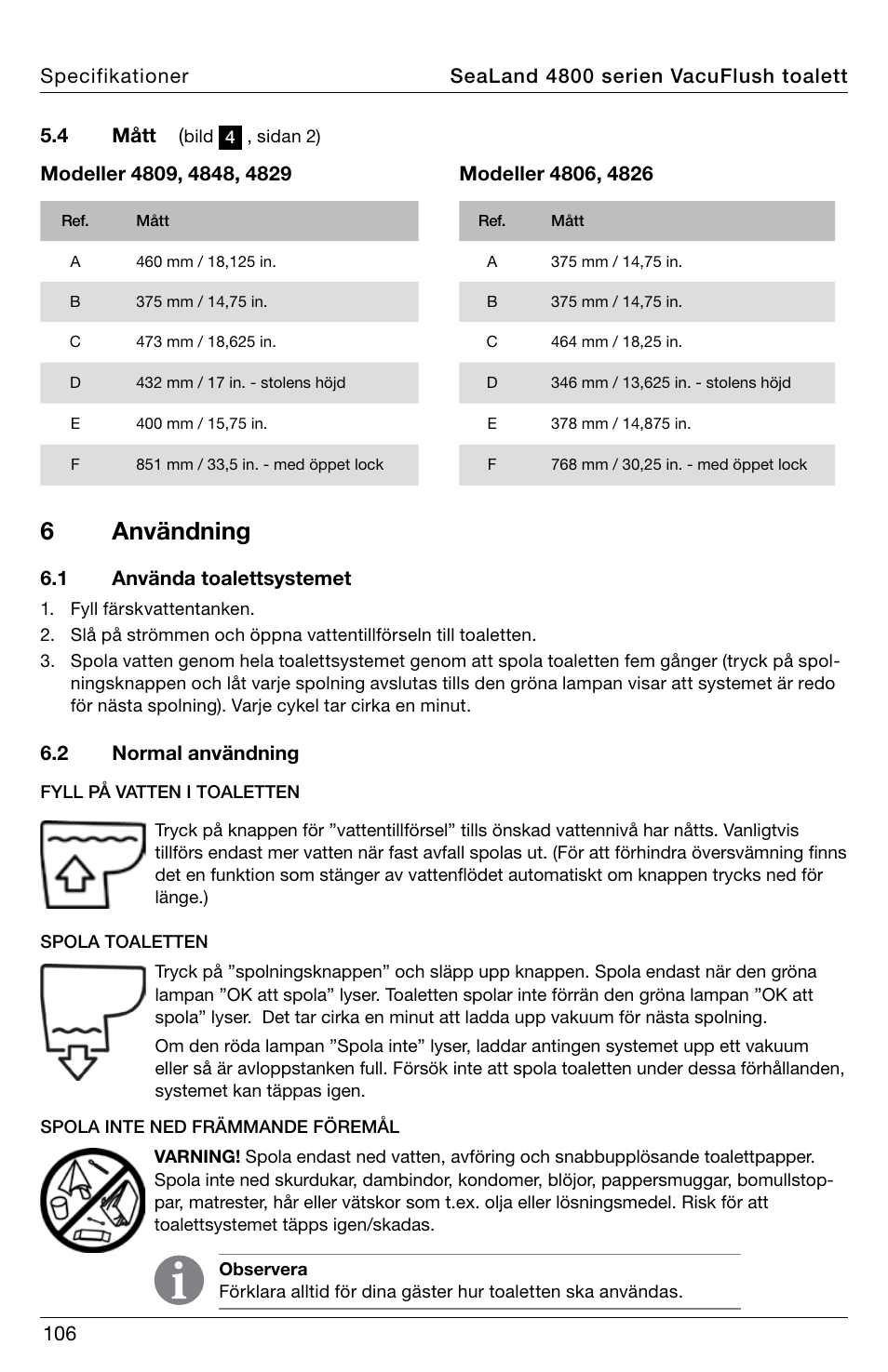 6användning | SeaLand 4800 Series VacuFlush User Manual | Page 106 / 116