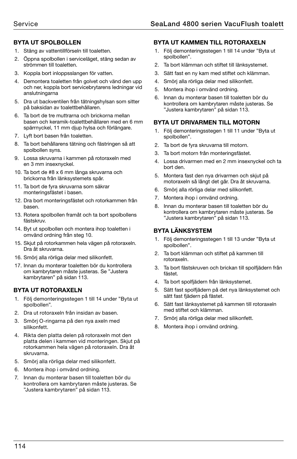 Sealand 4800 serien vacuflush toalett service | SeaLand 4800 Series VacuFlush User Manual | Page 114 / 116