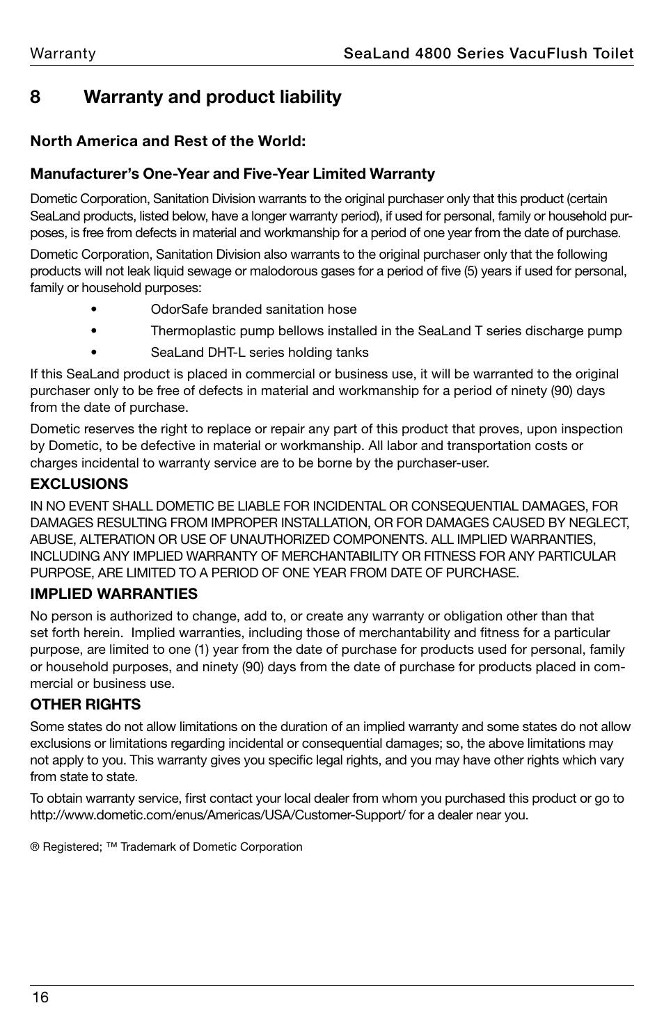 8warranty and product liability | SeaLand 4800 Series VacuFlush User Manual | Page 16 / 116