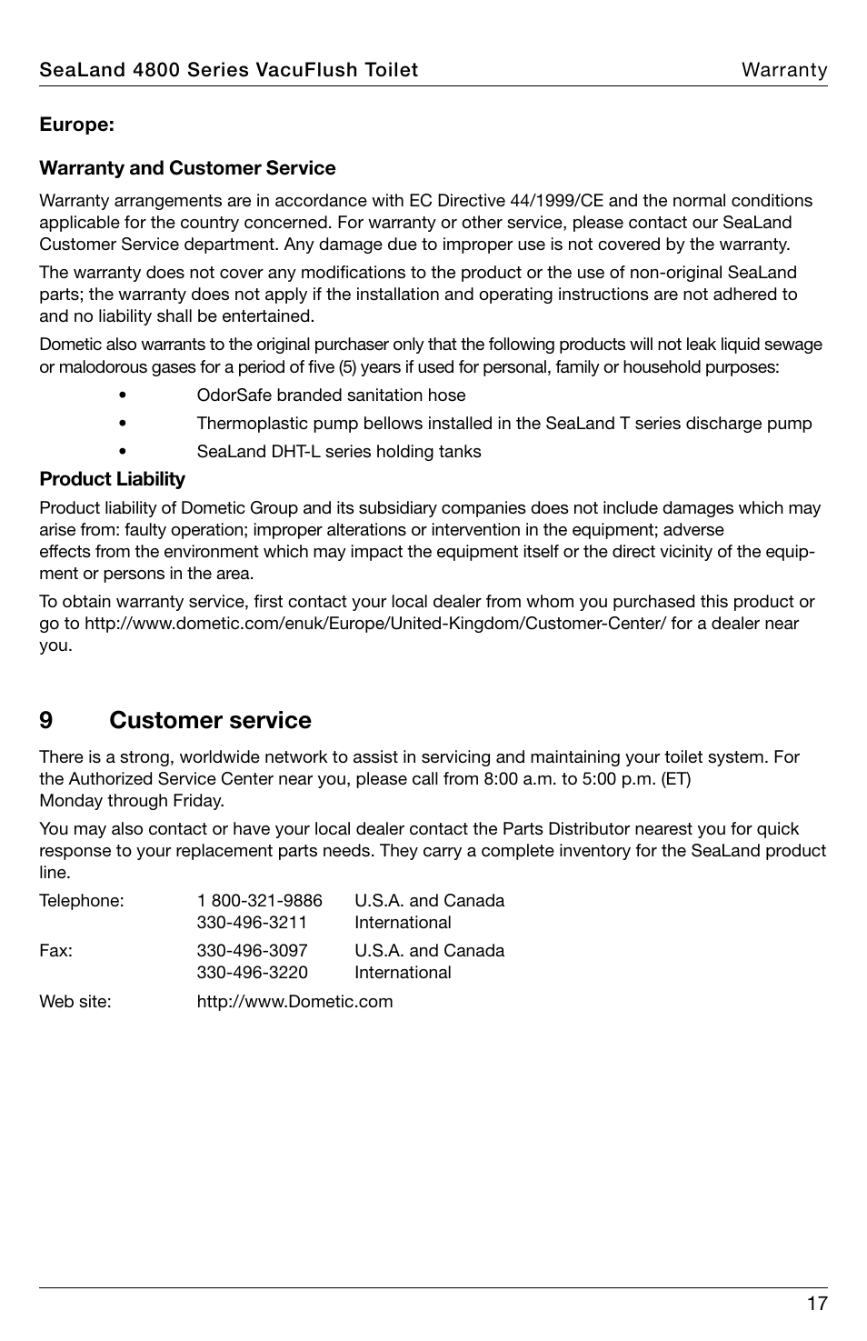 9customer service | SeaLand 4800 Series VacuFlush User Manual | Page 17 / 116