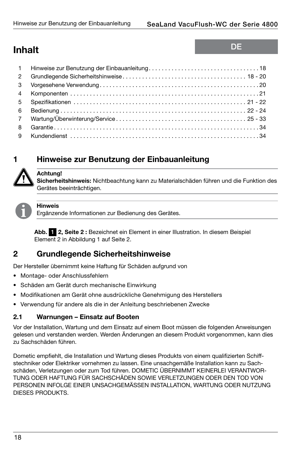 Inhalt, De 1 hinweise zur benutzung der einbauanleitung, 2grundlegende sicherheitshinweise | SeaLand 4800 Series VacuFlush User Manual | Page 18 / 116