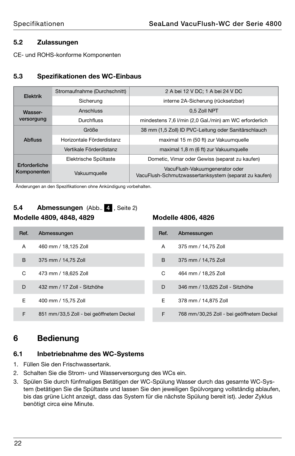 6bedienung, 3 spezifikationen des wc-einbaus, 4 abmessungen | 1 inbetriebnahme des wc-systems | SeaLand 4800 Series VacuFlush User Manual | Page 22 / 116