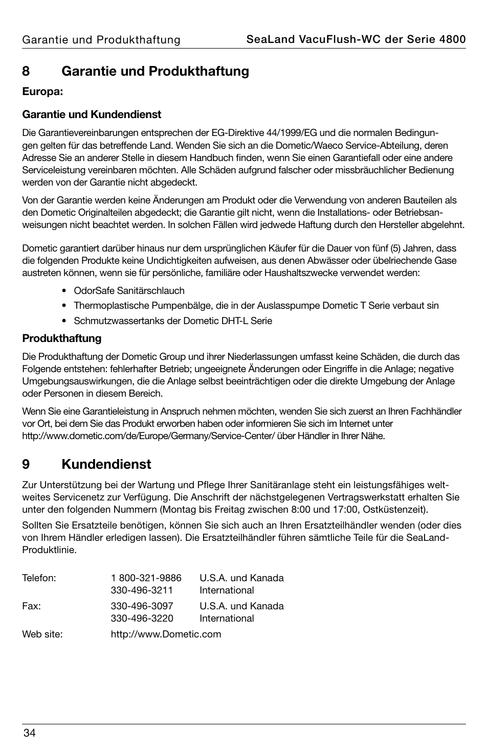 8garantie und produkthaftung, 9kundendienst | SeaLand 4800 Series VacuFlush User Manual | Page 34 / 116