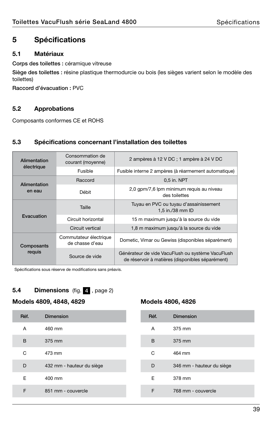 5spécifications, 1 matériaux, 2 approbations | 4 dimensions | SeaLand 4800 Series VacuFlush User Manual | Page 39 / 116