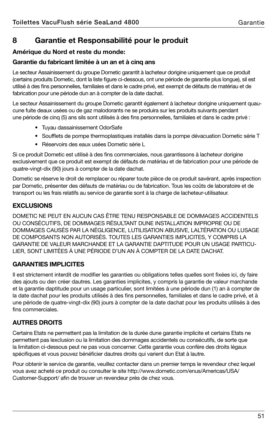8garantie et responsabilité pour le produit | SeaLand 4800 Series VacuFlush User Manual | Page 51 / 116
