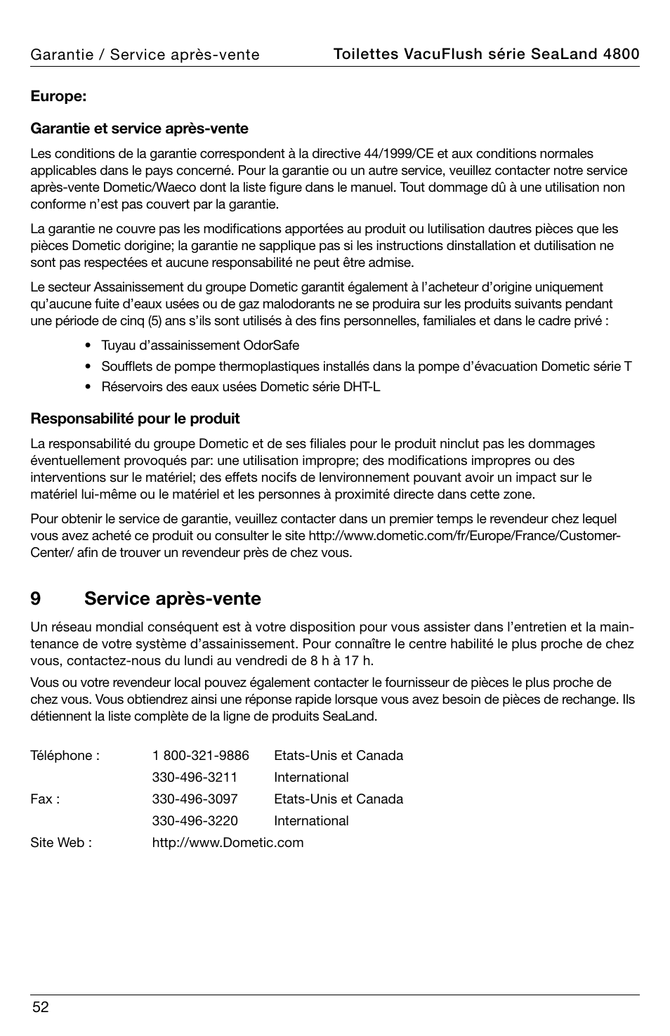 9service après-vente | SeaLand 4800 Series VacuFlush User Manual | Page 52 / 116