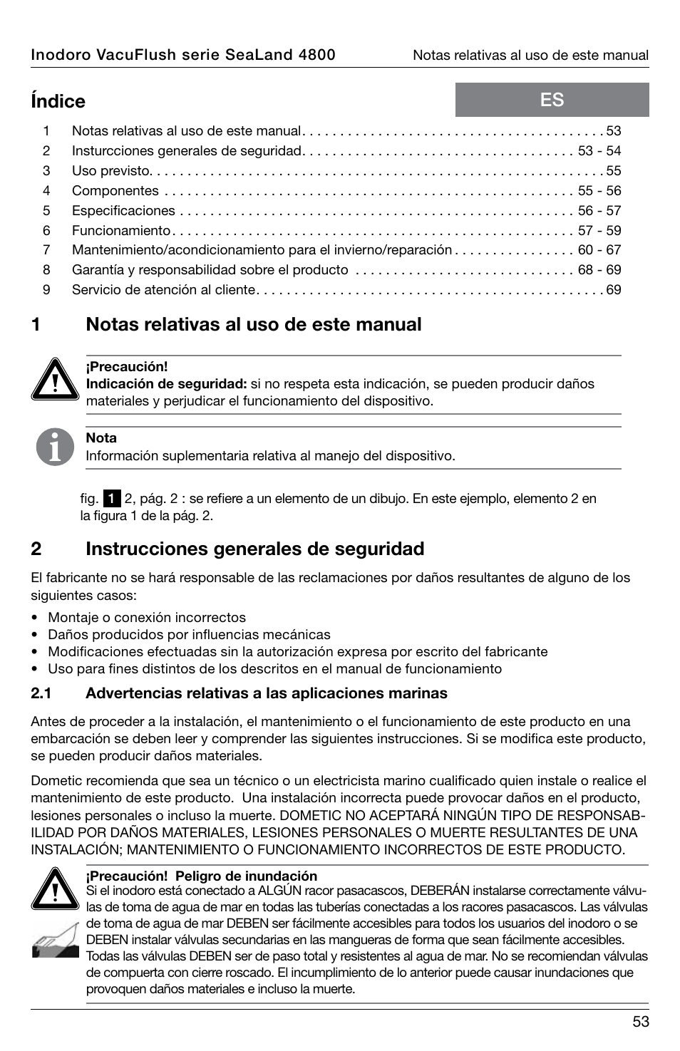 Es índice 1 notas relativas al uso de este manual, 2instrucciones generales de seguridad | SeaLand 4800 Series VacuFlush User Manual | Page 53 / 116