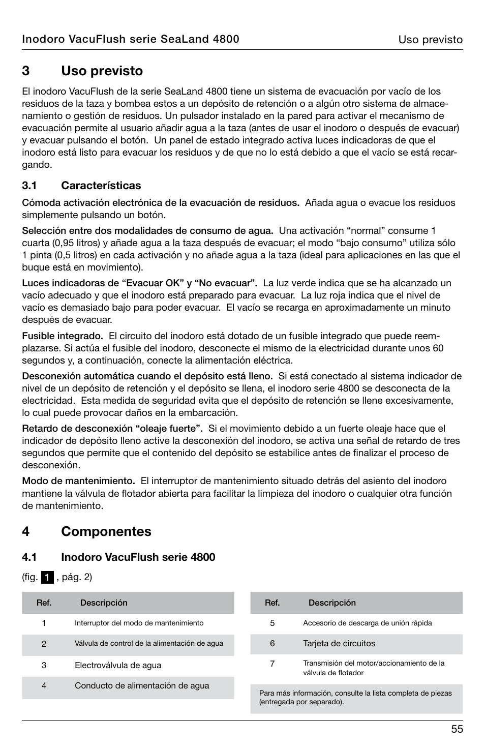 3uso previsto, 4componentes | SeaLand 4800 Series VacuFlush User Manual | Page 55 / 116