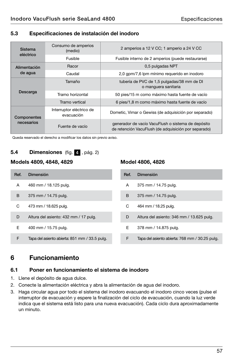 6funcionamiento, 4 dimensiones, 1 poner en funcionamiento el sistema de inodoro | SeaLand 4800 Series VacuFlush User Manual | Page 57 / 116