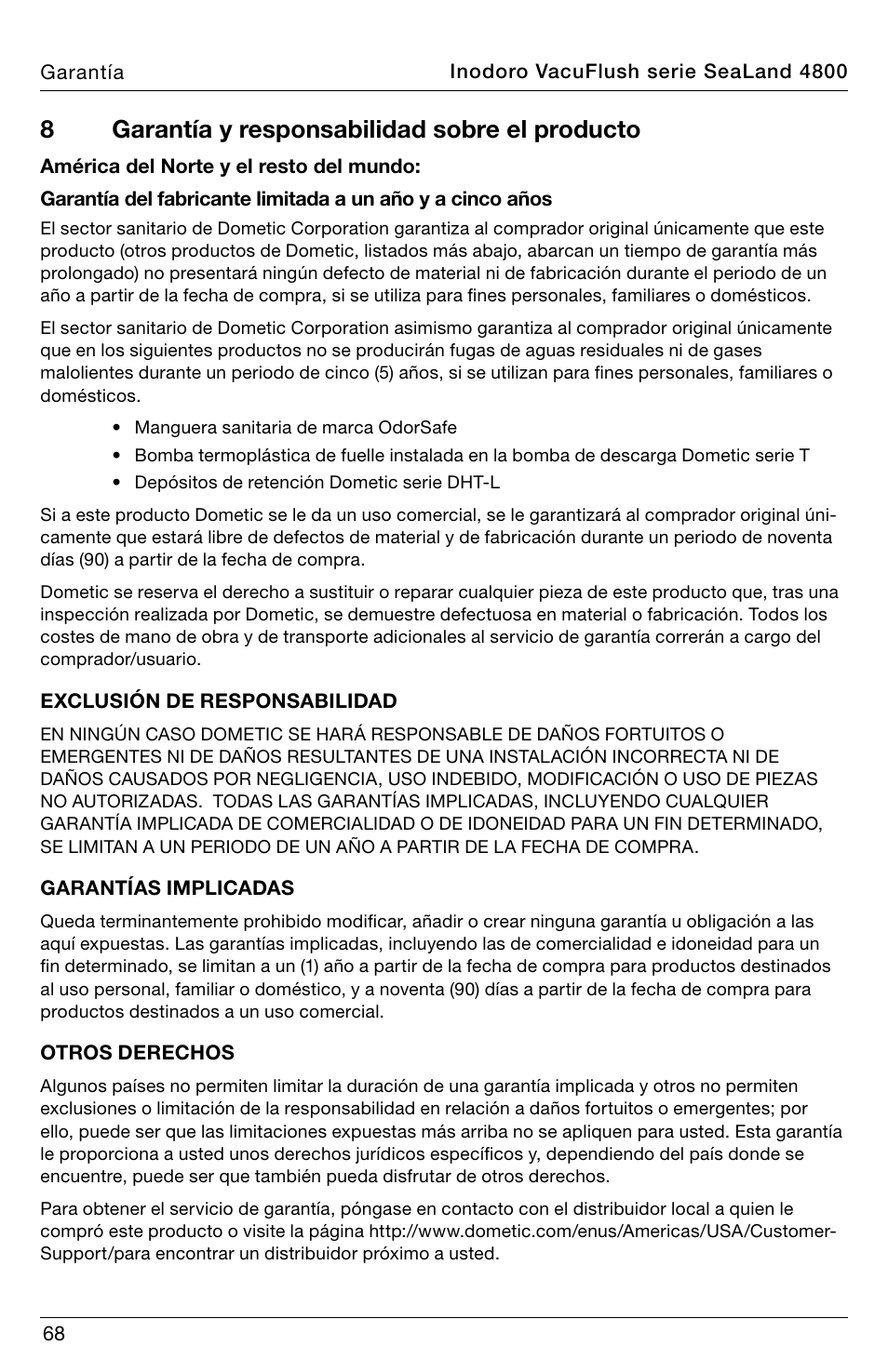 8garantía y responsabilidad sobre el producto | SeaLand 4800 Series VacuFlush User Manual | Page 68 / 116