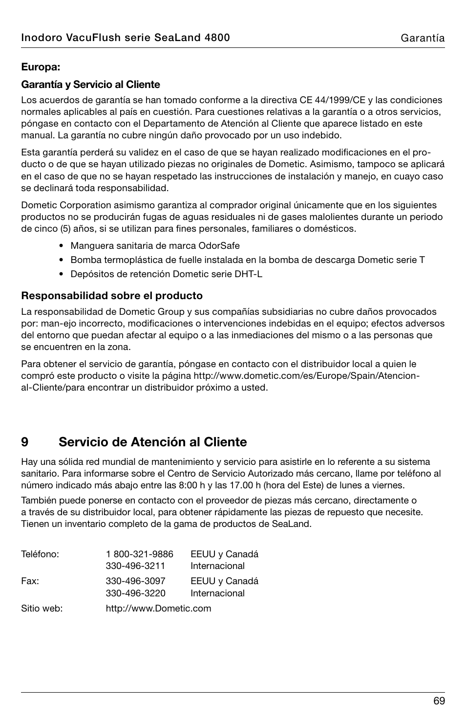 9servicio de atención al cliente | SeaLand 4800 Series VacuFlush User Manual | Page 69 / 116