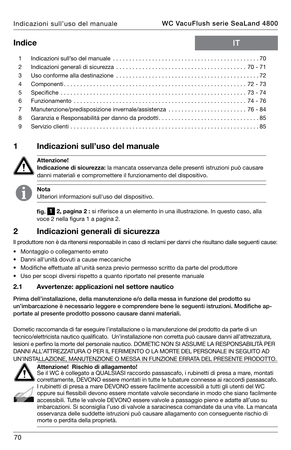 1indicazioni sull’uso del manuale, It indice 2 indicazioni generali di sicurezza | SeaLand 4800 Series VacuFlush User Manual | Page 70 / 116