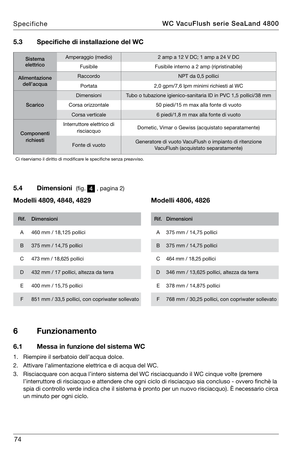 6funzionamento, 74 5.3 specifiche di installazione del wc, 4 dimensioni | 1 messa in funzione del sistema wc, Wc vacuflush serie sealand 4800 specifiche | SeaLand 4800 Series VacuFlush User Manual | Page 74 / 116