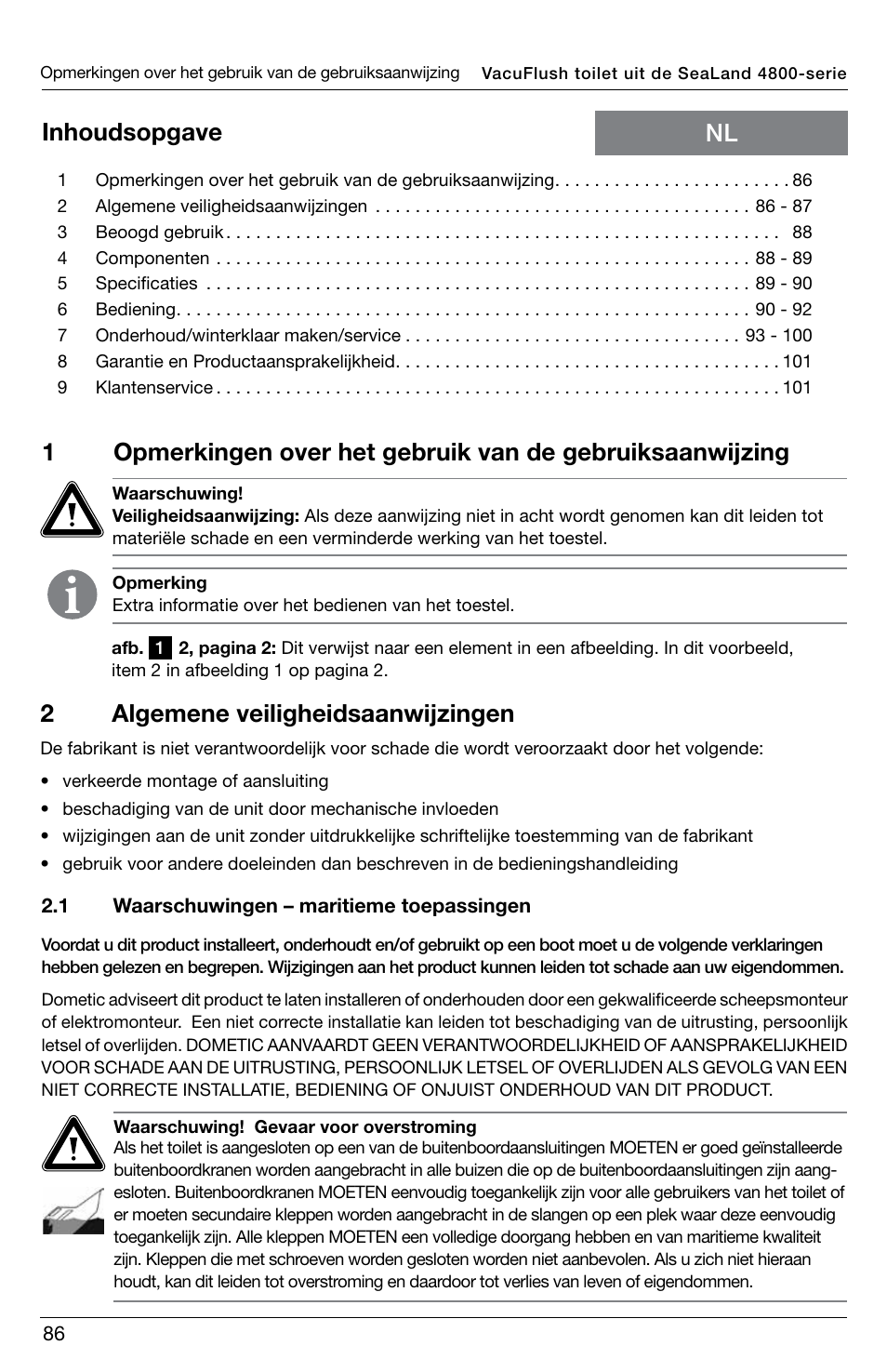 Nl inhoudsopgave, 2algemene veiligheidsaanwijzingen | SeaLand 4800 Series VacuFlush User Manual | Page 86 / 116