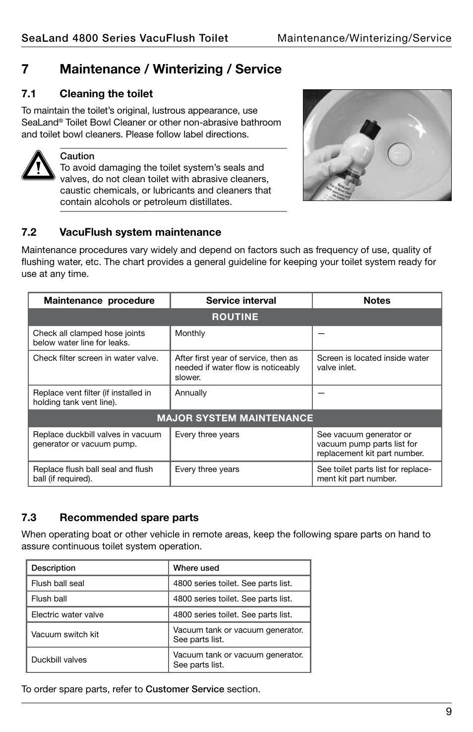 7maintenance / winterizing / service, 1 cleaning the toilet, 2 vacuflush system maintenance | 3 recommended spare parts | SeaLand 4800 Series VacuFlush User Manual | Page 9 / 116