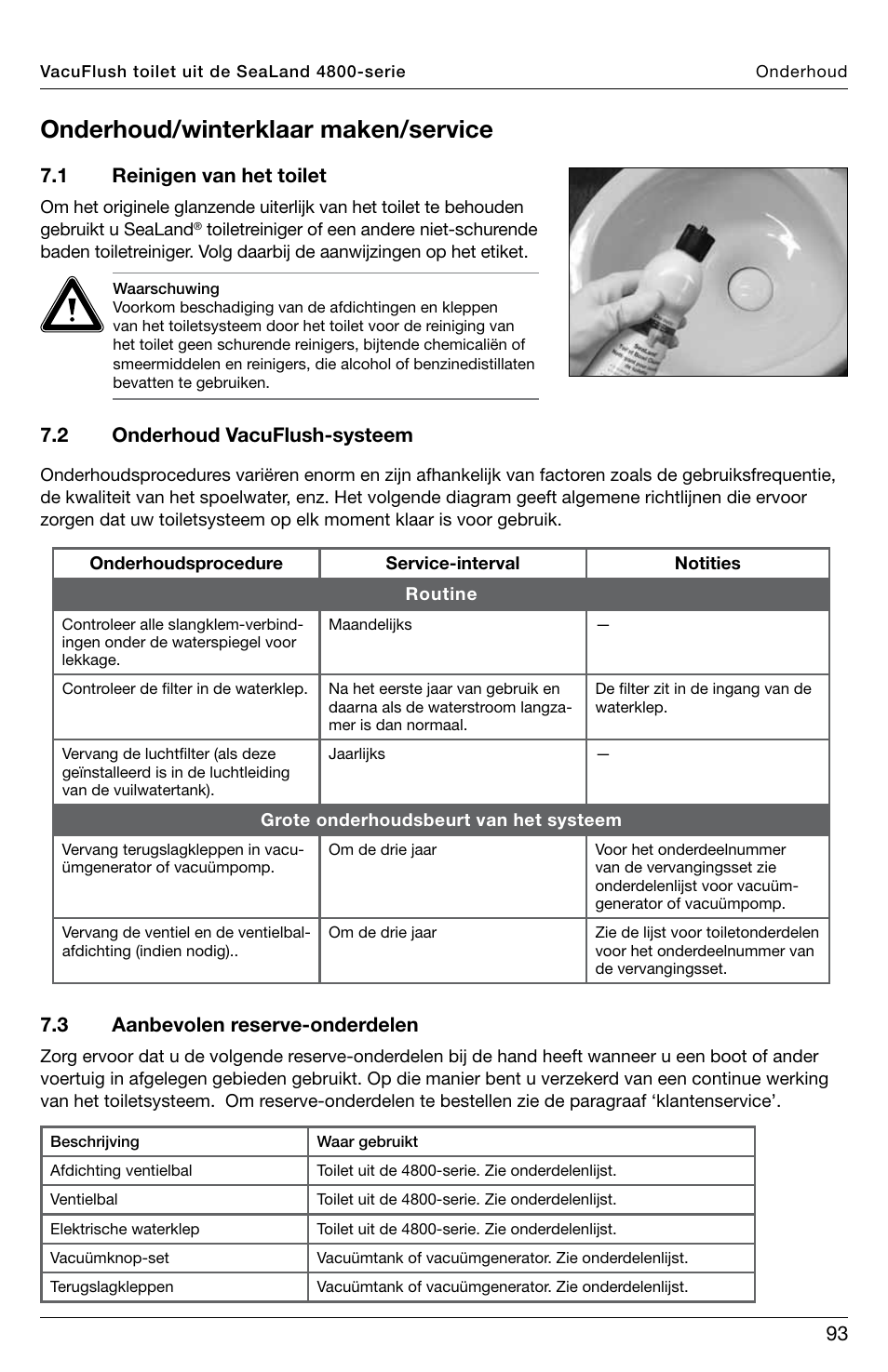 Onderhoud/winterklaar maken/service, 1 reinigen van het toilet, 2 onderhoud vacuflush-systeem | 3 aanbevolen reserve-onderdelen | SeaLand 4800 Series VacuFlush User Manual | Page 93 / 116
