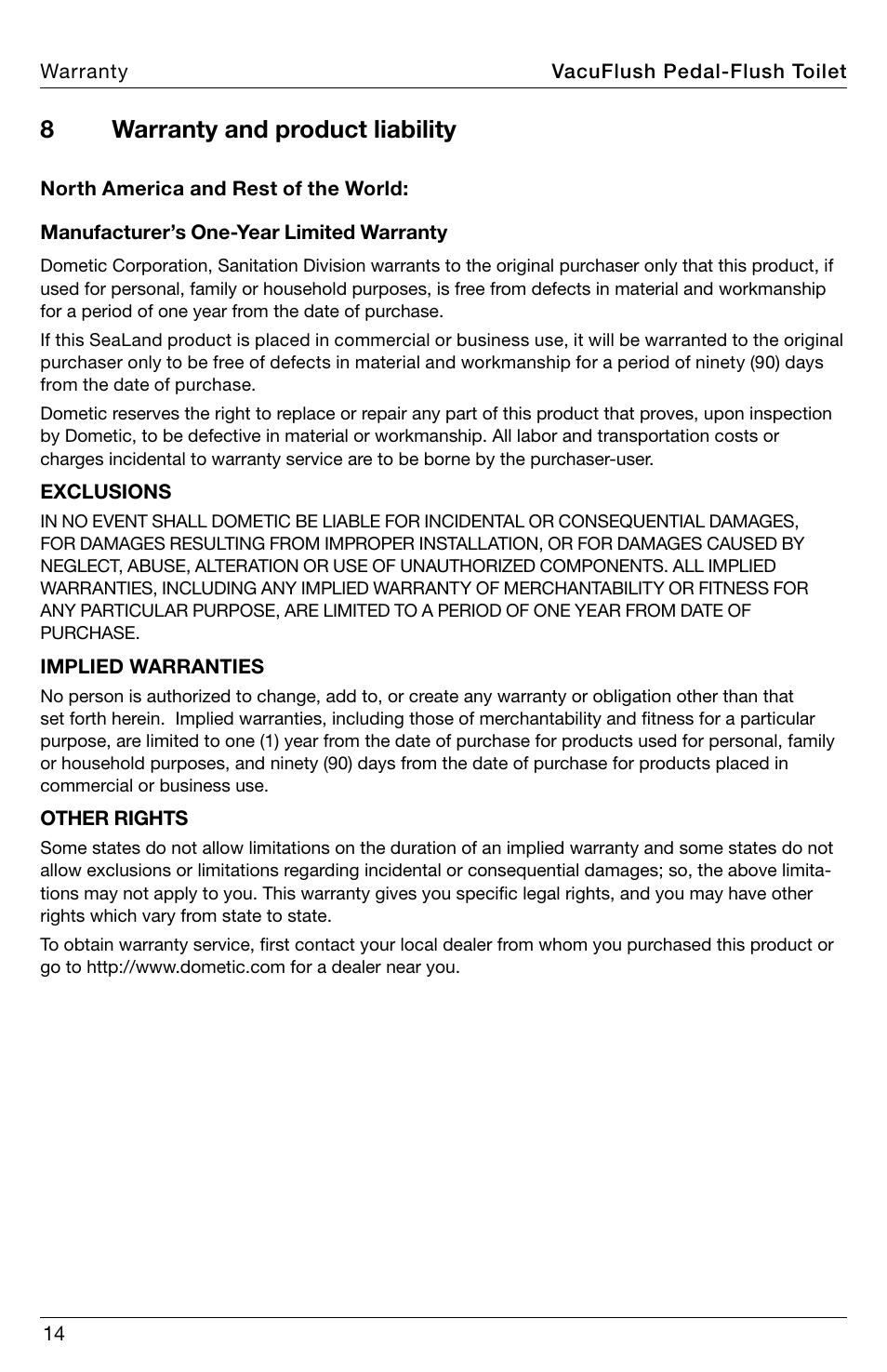 Warranty and product liability, 8warranty and product liability | SeaLand 548+ VacuFlush Toilets User Manual | Page 14 / 16