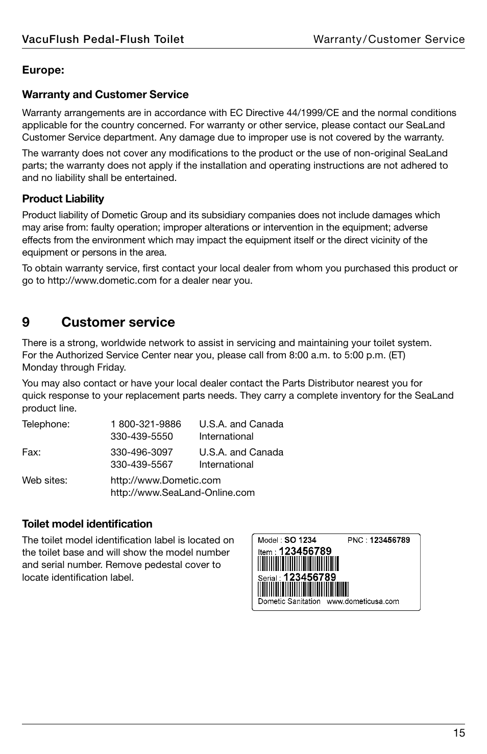 Customer service, 9customer service | SeaLand 548+ VacuFlush Toilets User Manual | Page 15 / 16