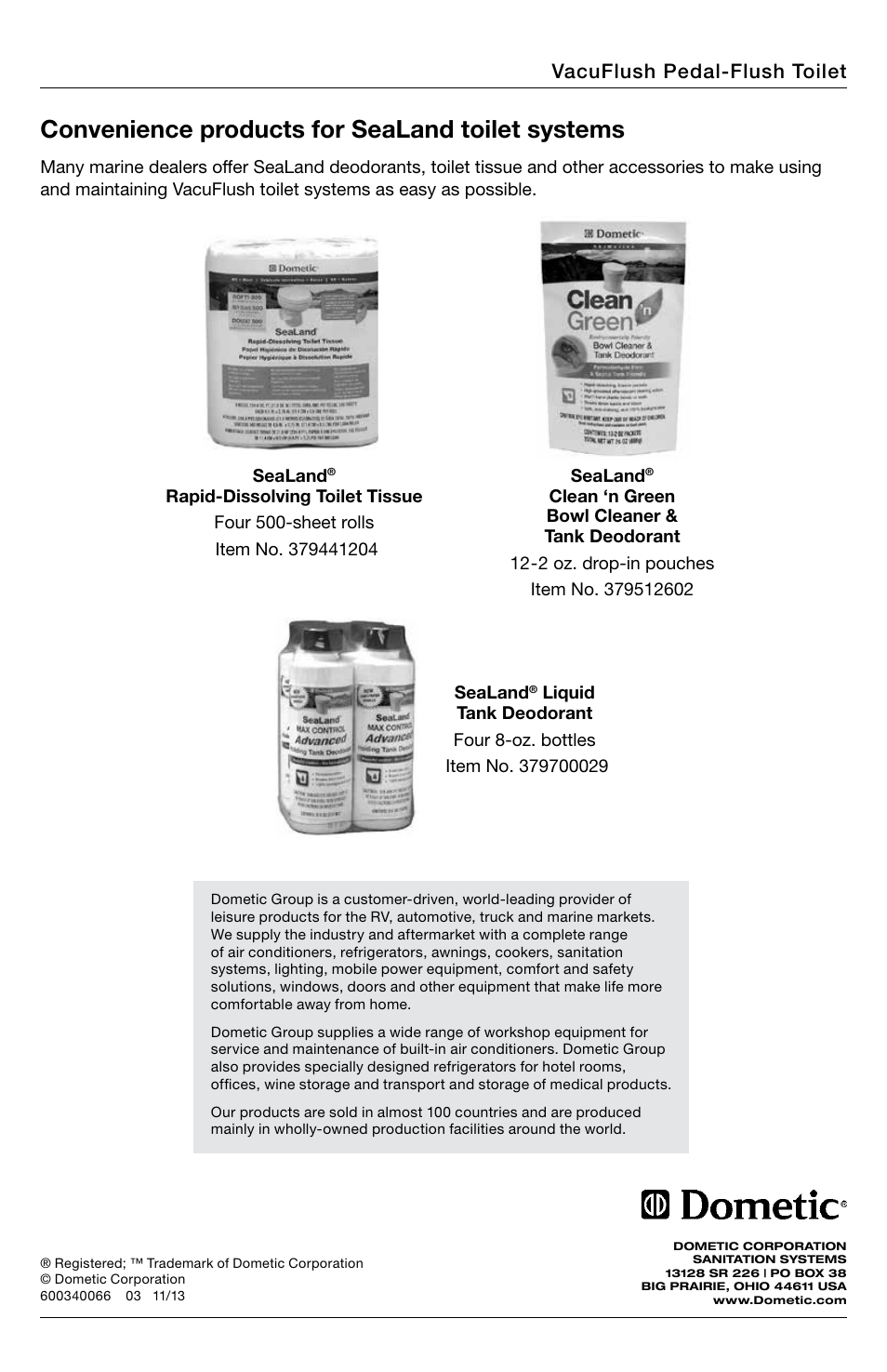 Convenience products, Convenience products for sealand toilet systems, Vacuflush pedal-flush toilet | SeaLand 548+ VacuFlush Toilets User Manual | Page 16 / 16