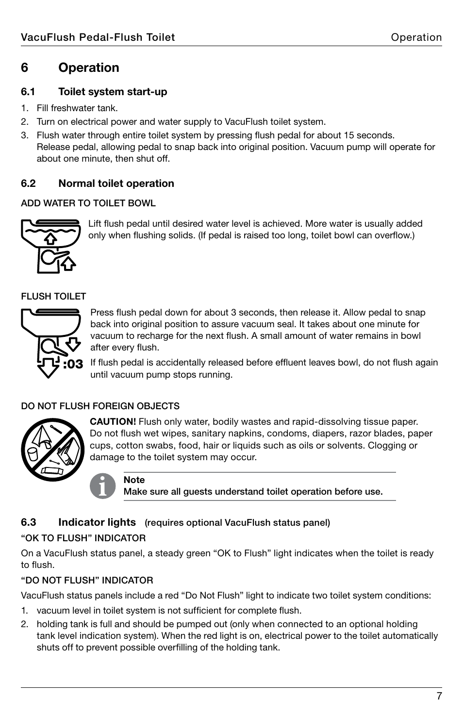 Operation, 6 operation | SeaLand 548+ VacuFlush Toilets User Manual | Page 7 / 16