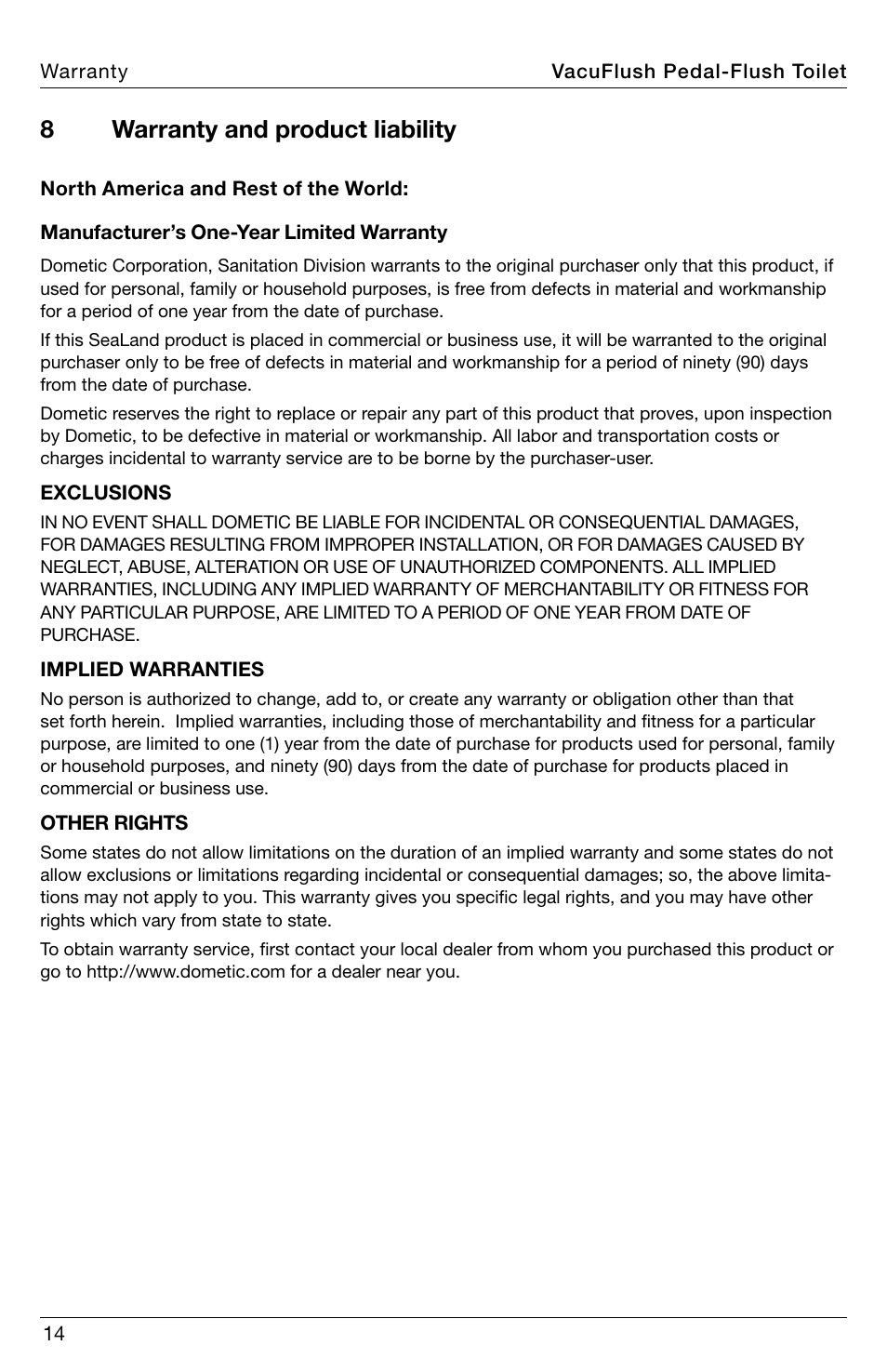 Warranty and product liability, 8warranty and product liability | SeaLand 5149 VacuFlush toilet User Manual | Page 14 / 16