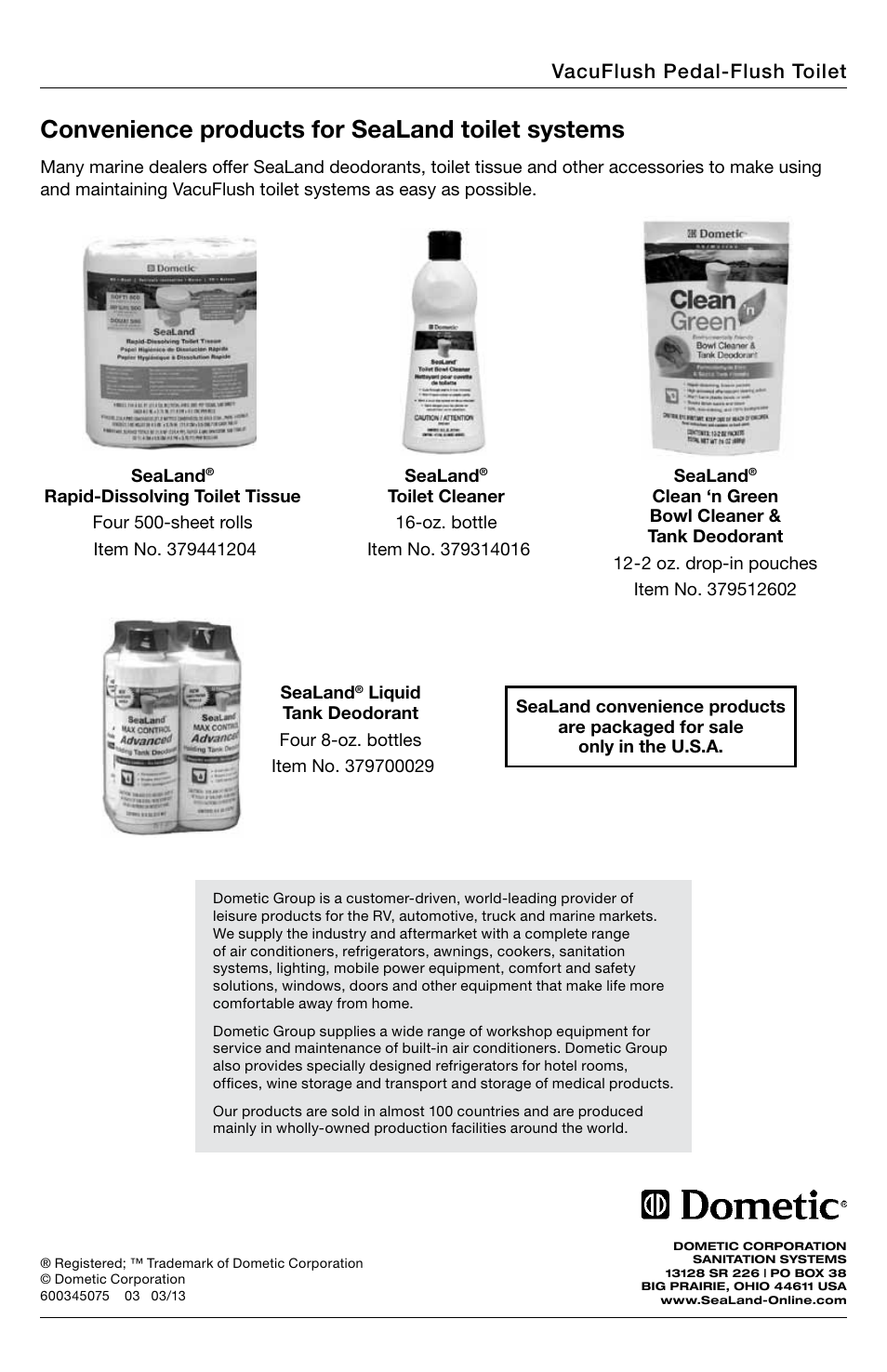 Convenience products, Convenience products for sealand toilet systems, Vacuflush pedal-flush toilet | SeaLand 5149 VacuFlush toilet User Manual | Page 16 / 16