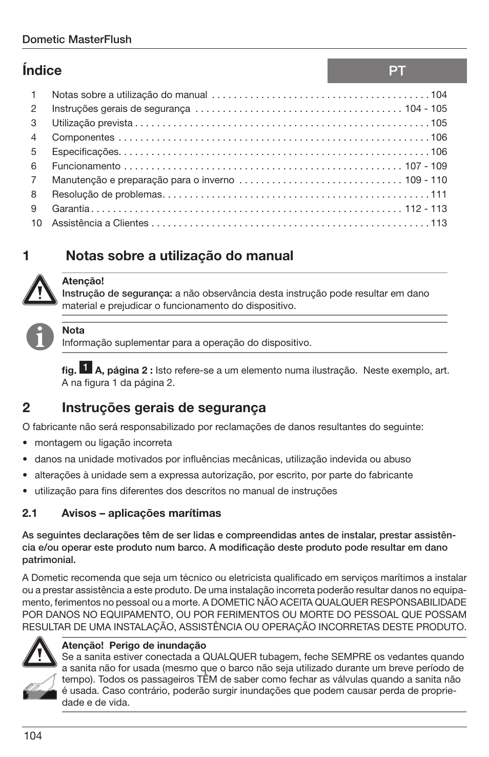1notas sobre a utilização do manual, Pt índice 2 instruções gerais de segurança | SeaLand 7200 Series MasterFlush Orbit User Manual | Page 104 / 164