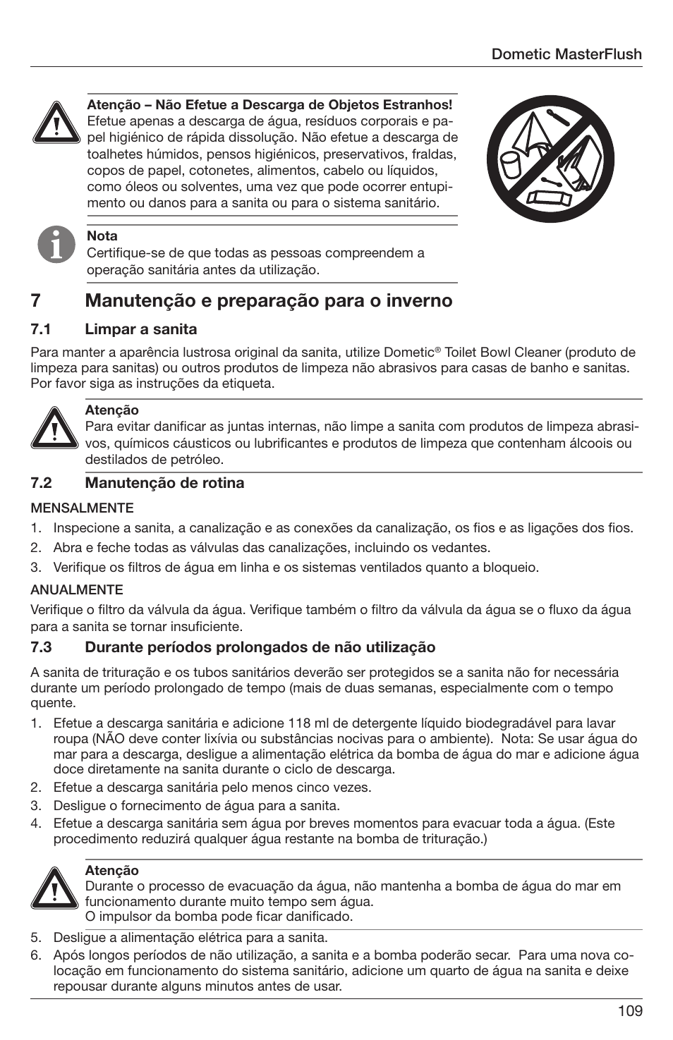 7manutenção e preparação para o inverno | SeaLand 7200 Series MasterFlush Orbit User Manual | Page 109 / 164