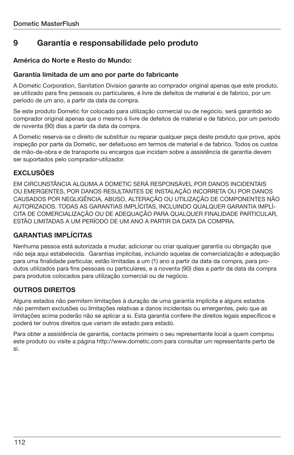 9garantia e responsabilidade pelo produto | SeaLand 7200 Series MasterFlush Orbit User Manual | Page 112 / 164