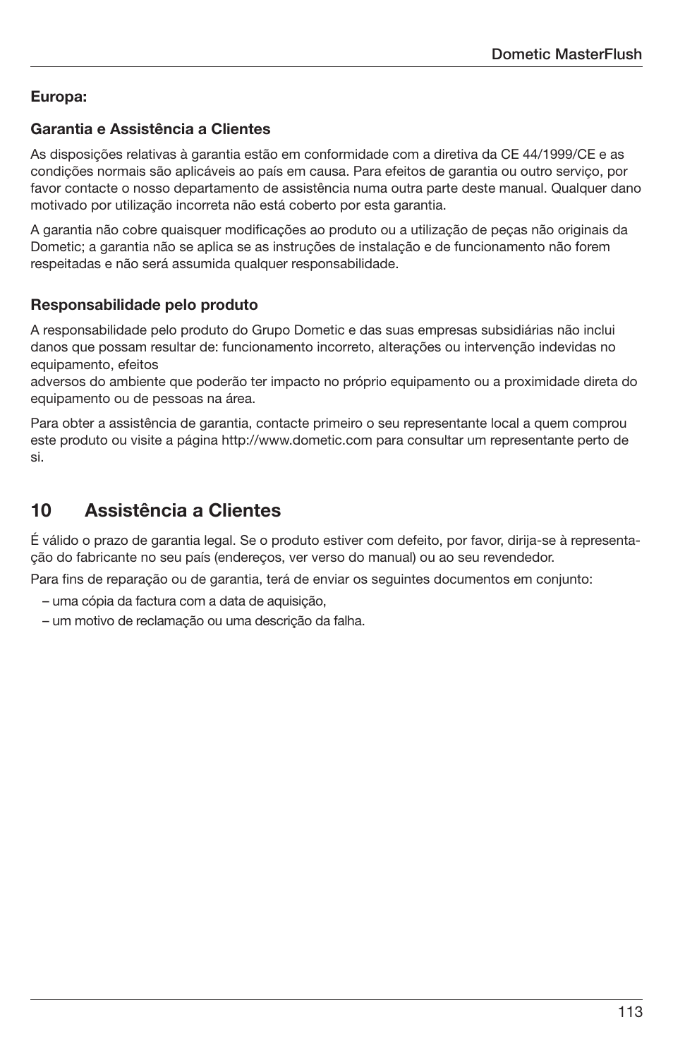 10 assistência a clientes | SeaLand 7200 Series MasterFlush Orbit User Manual | Page 113 / 164
