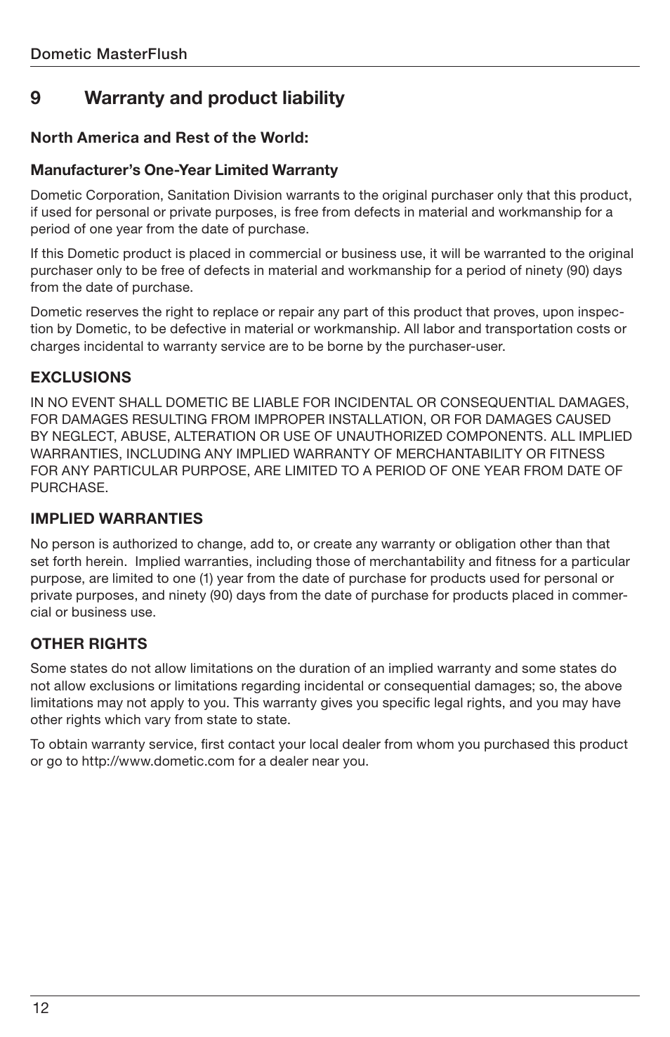 9warranty and product liability | SeaLand 7200 Series MasterFlush Orbit User Manual | Page 12 / 164