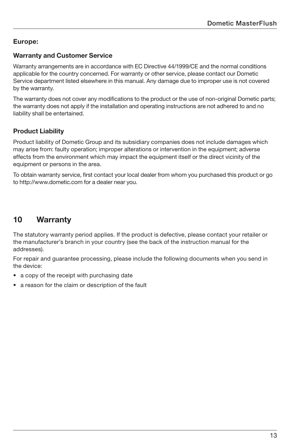 10 warranty | SeaLand 7200 Series MasterFlush Orbit User Manual | Page 13 / 164
