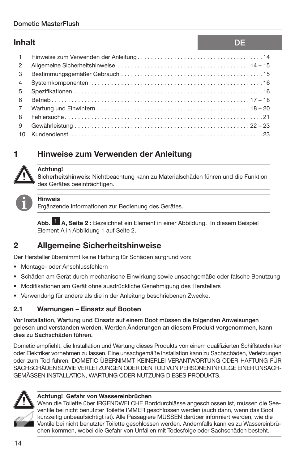 1hinweise zum verwenden der anleitung, De inhalt 2 allgemeine sicherheitshinweise | SeaLand 7200 Series MasterFlush Orbit User Manual | Page 14 / 164