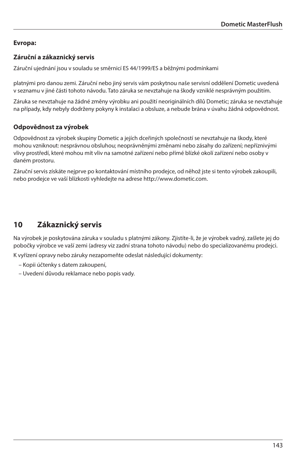 10 zákaznický servis | SeaLand 7200 Series MasterFlush Orbit User Manual | Page 143 / 164