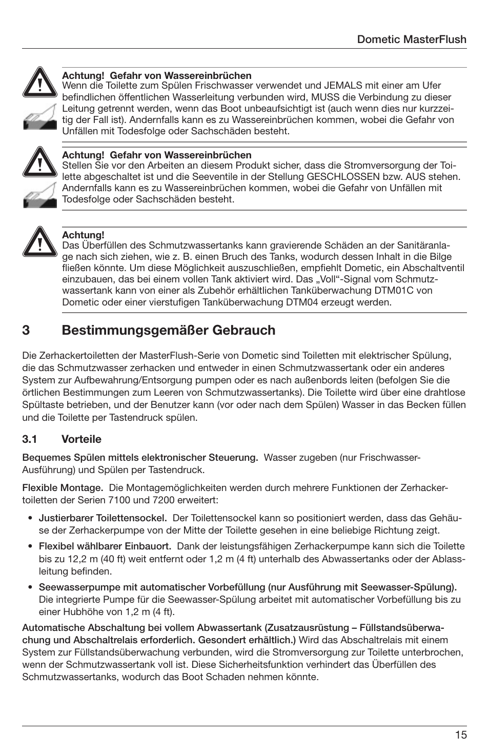 3bestimmungsgemäßer gebrauch | SeaLand 7200 Series MasterFlush Orbit User Manual | Page 15 / 164