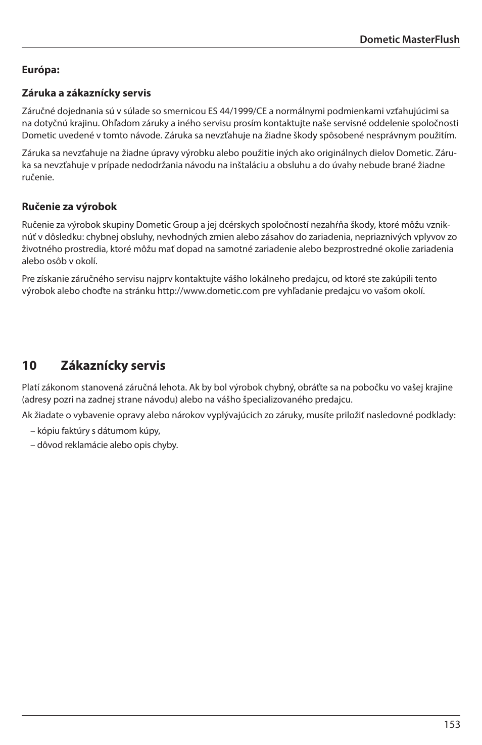 10 zákaznícky servis | SeaLand 7200 Series MasterFlush Orbit User Manual | Page 153 / 164