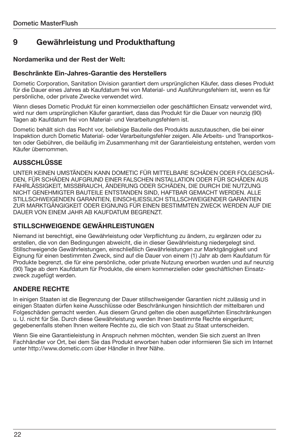 9gewährleistung und produkthaftung | SeaLand 7200 Series MasterFlush Orbit User Manual | Page 22 / 164