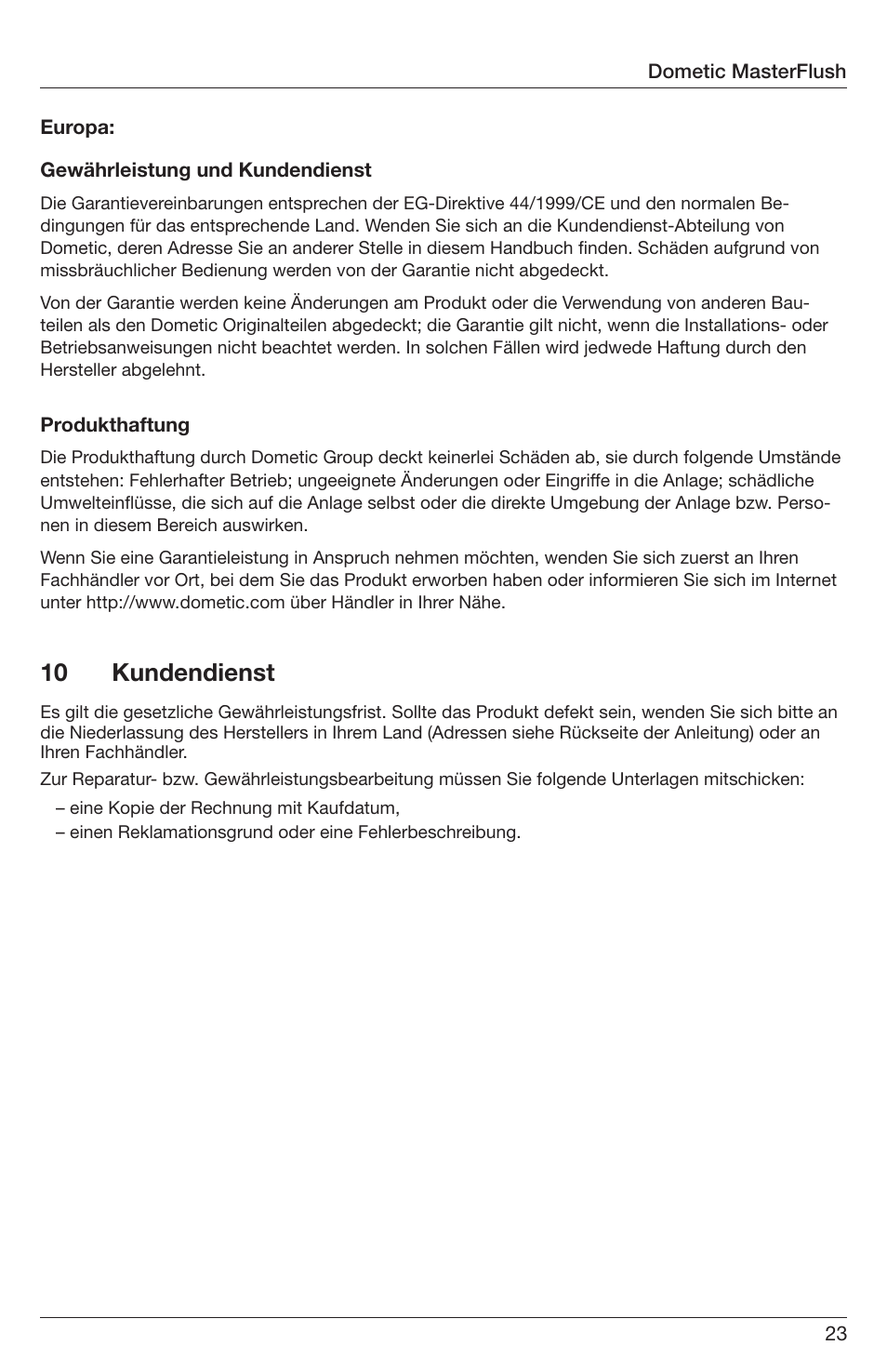 10 kundendienst | SeaLand 7200 Series MasterFlush Orbit User Manual | Page 23 / 164