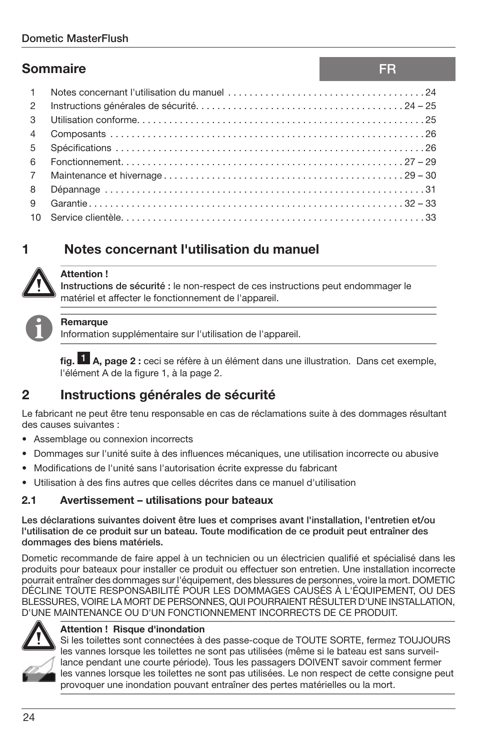 Fr sommaire 2 instructions générales de sécurité | SeaLand 7200 Series MasterFlush Orbit User Manual | Page 24 / 164