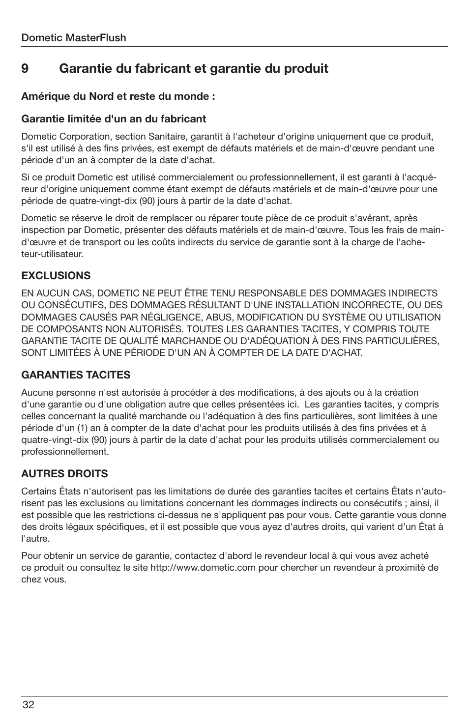 9garantie du fabricant et garantie du produit | SeaLand 7200 Series MasterFlush Orbit User Manual | Page 32 / 164
