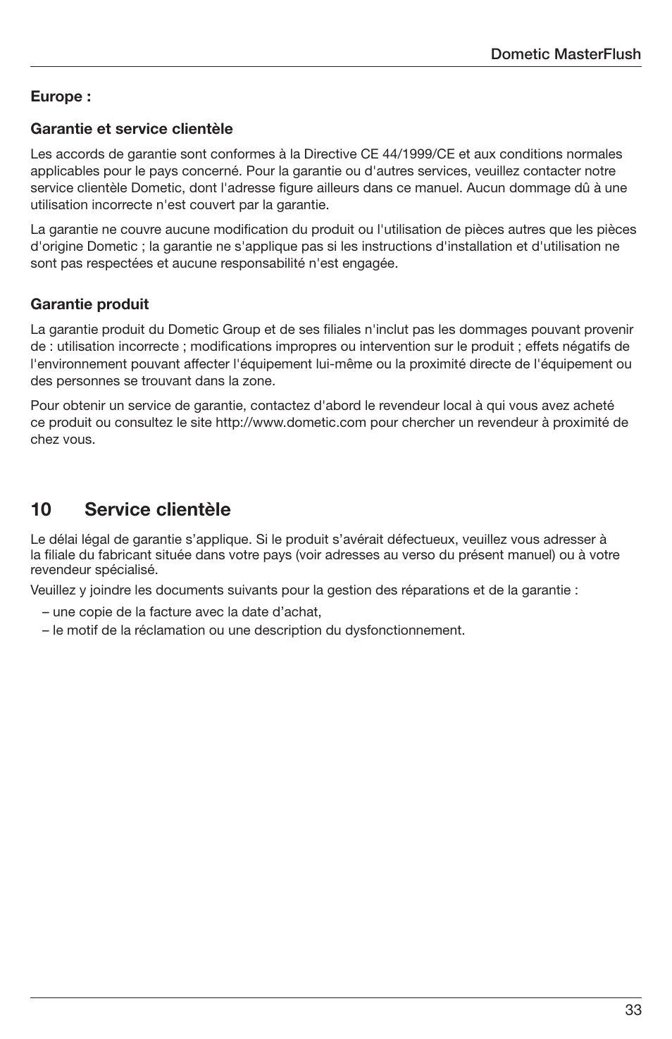 10 service clientèle | SeaLand 7200 Series MasterFlush Orbit User Manual | Page 33 / 164