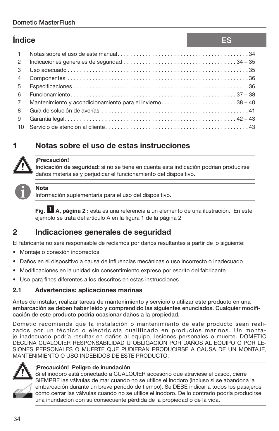 1notas sobre el uso de estas instrucciones, Es índice 2 indicaciones generales de seguridad | SeaLand 7200 Series MasterFlush Orbit User Manual | Page 34 / 164