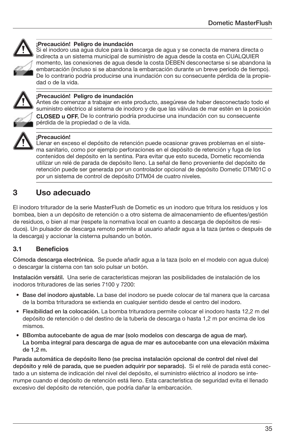 3uso adecuado | SeaLand 7200 Series MasterFlush Orbit User Manual | Page 35 / 164