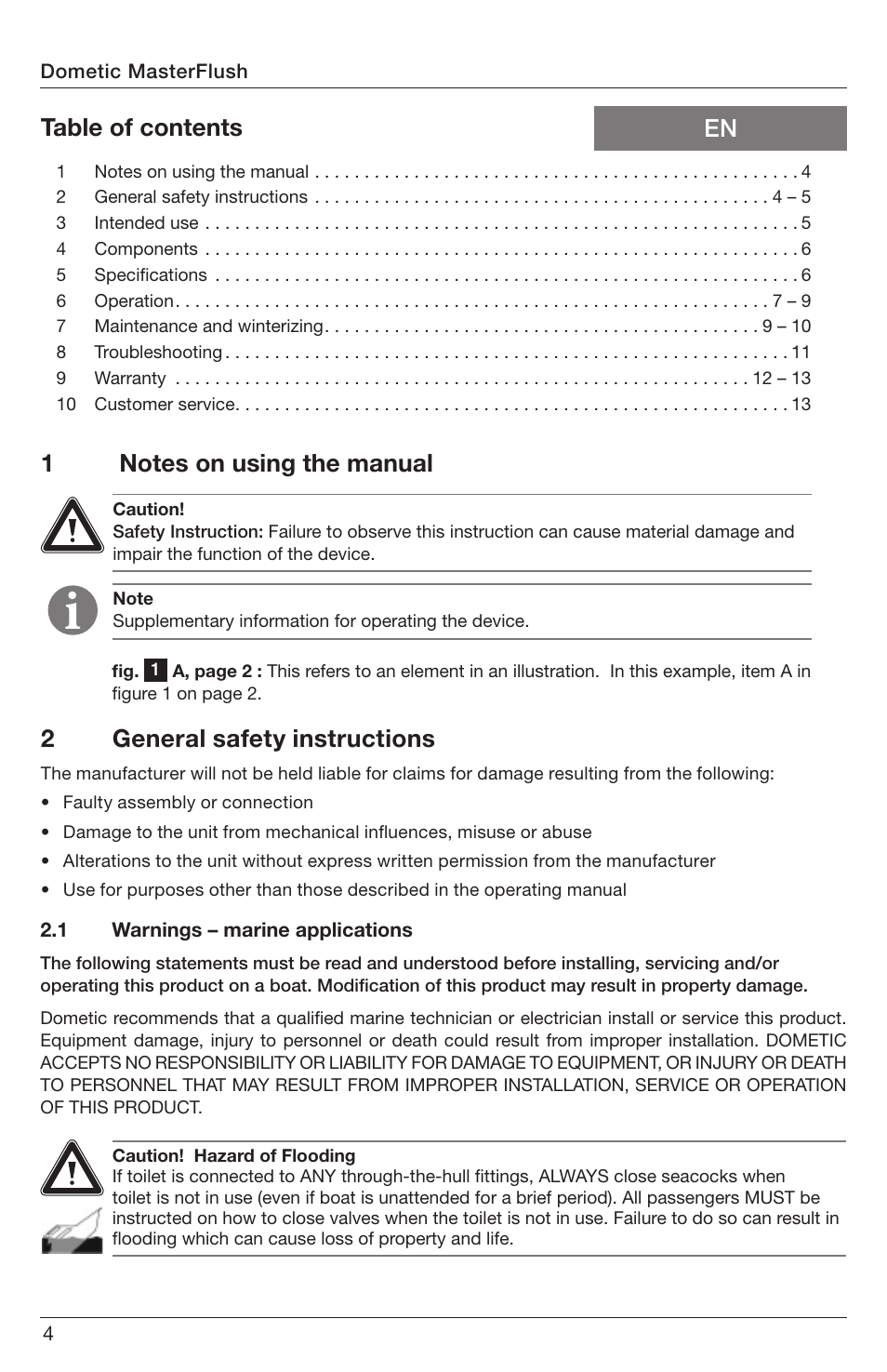 En table of contents 2 general safety instructions | SeaLand 7200 Series MasterFlush Orbit User Manual | Page 4 / 164