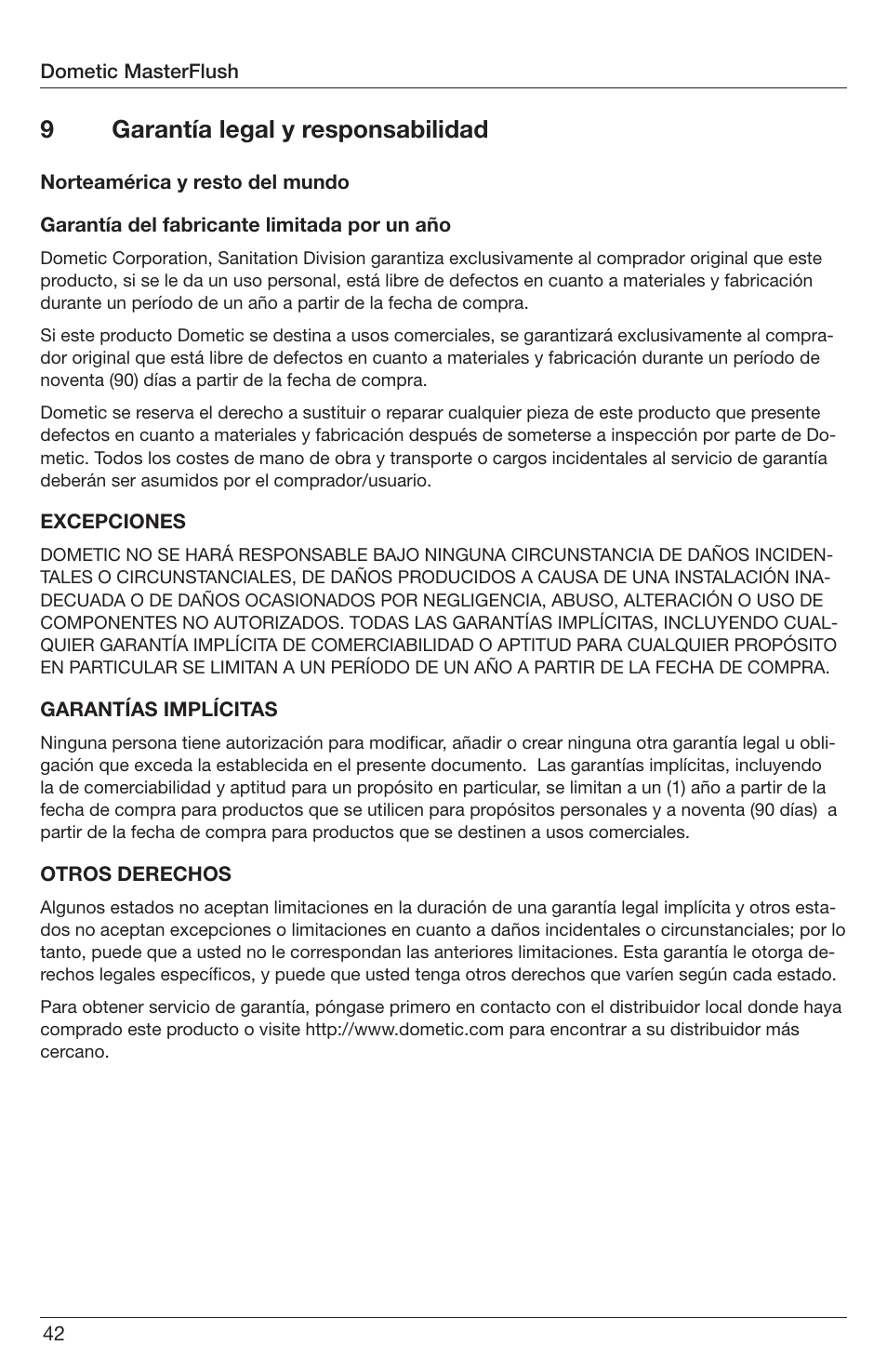 9garantía legal y responsabilidad | SeaLand 7200 Series MasterFlush Orbit User Manual | Page 42 / 164